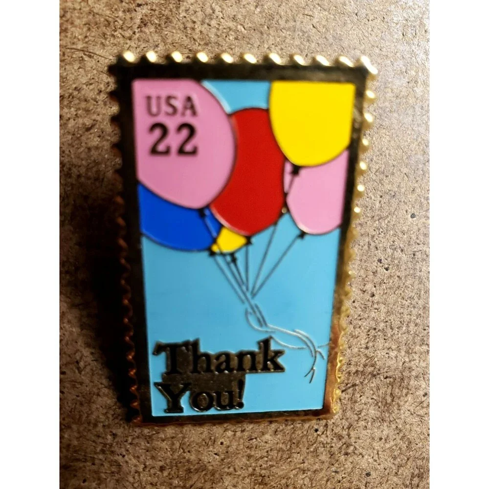 Vintage USA USPS Postal BALLOONS THANK YOU 22¢ STAMP Metal GOLD Lapel PIN 1980s